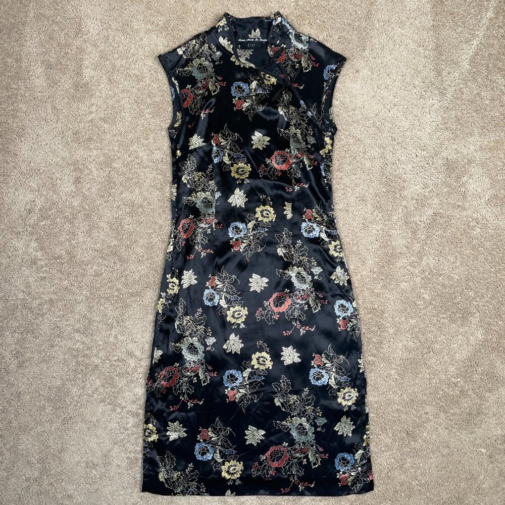 Ojay Dress Womens 6 Black Satin Floral Mandarin Collar Vintage Maxi Traditional